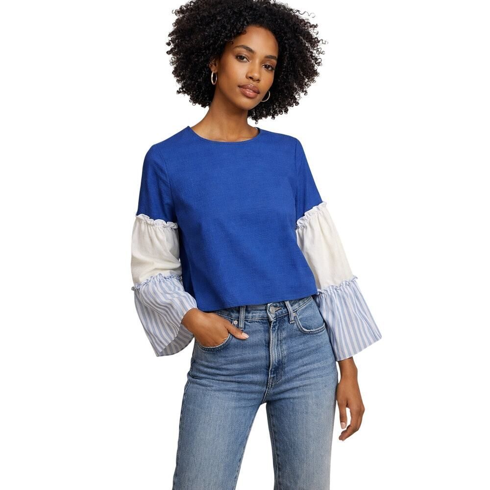 ENGLISH FACTORY Women’s Tiered Ruffle Statement Sleeve Top Blue/White Size Small